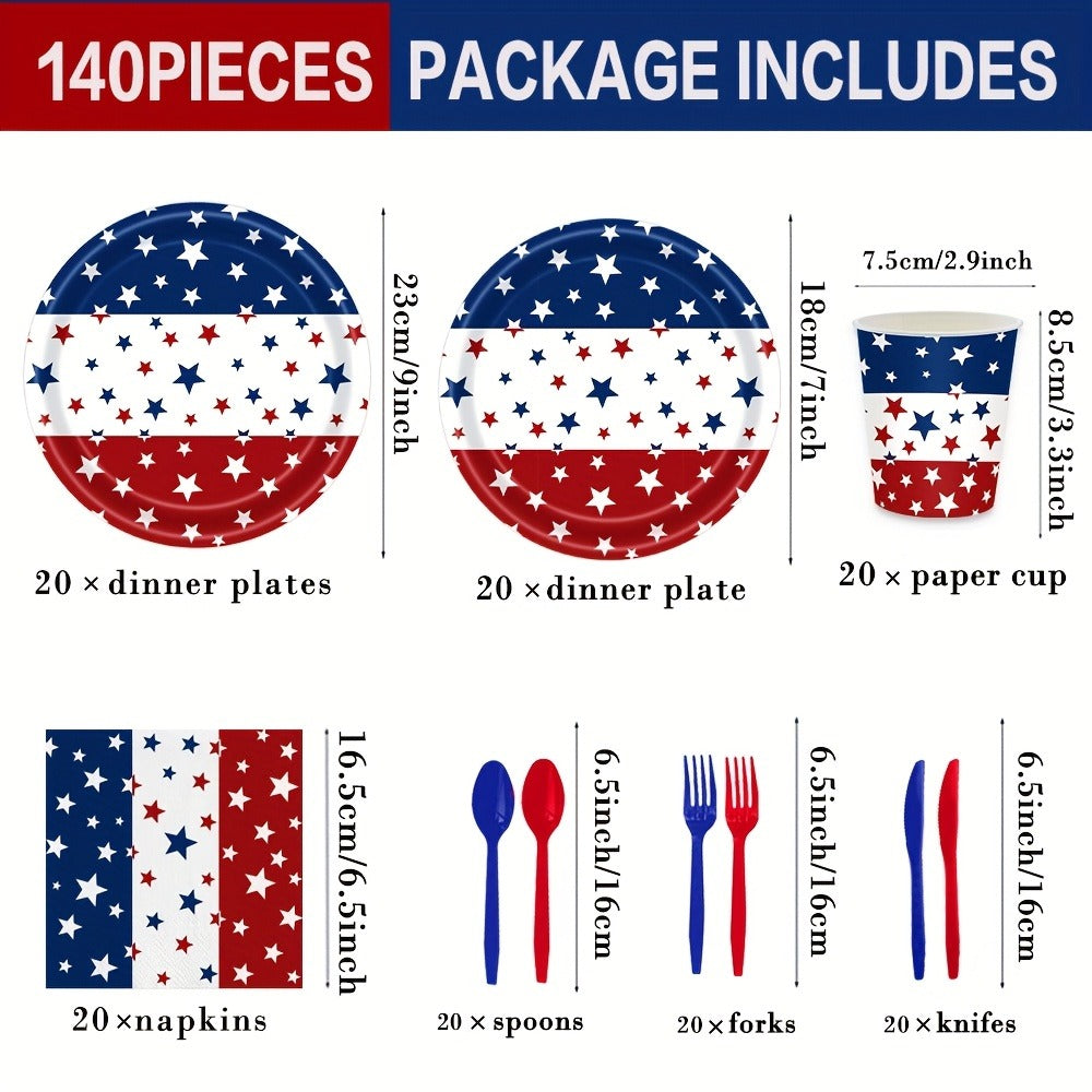 Patriotic Tableware Party Supplies Set with 140 Pieces for 20 Red White Blue Star-Print Settings — image 2