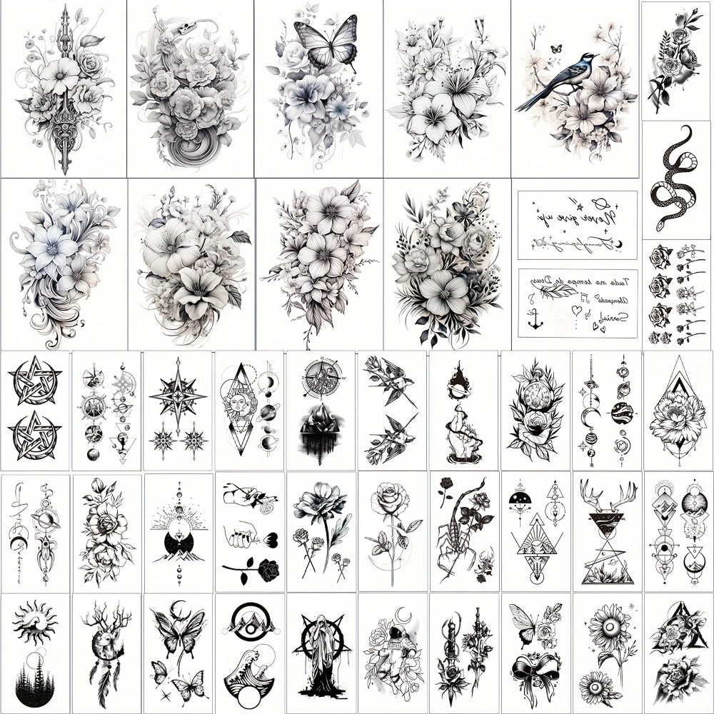 Temporary Tattoos GLARYYEARS 44-Sheet Black Floral, Butterfly and Snake Set with 9 Large and 35 Small Designs — image 4