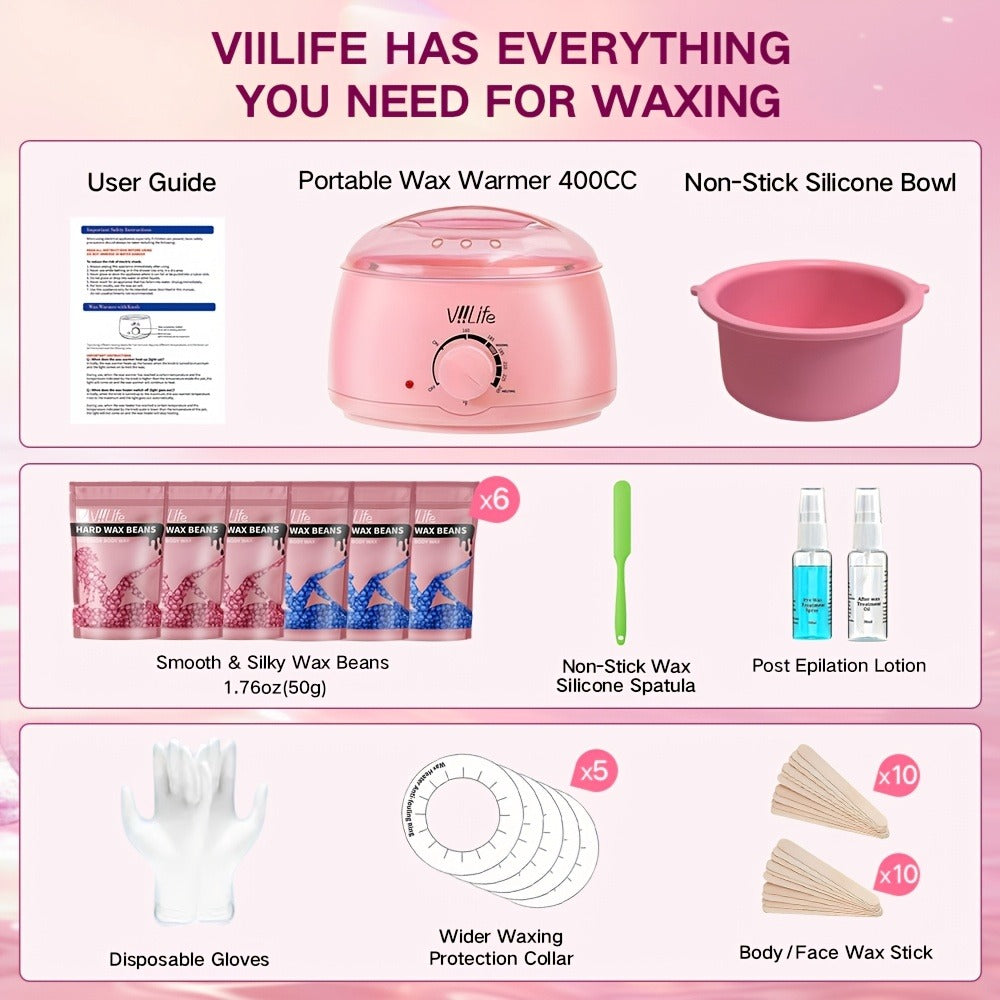Hard Wax Warmer Kit 43 Piece Complete Home Waxing Set with Pink Hard Wax Beads – No Strip Hair Removal for Face Eyebrow Body 