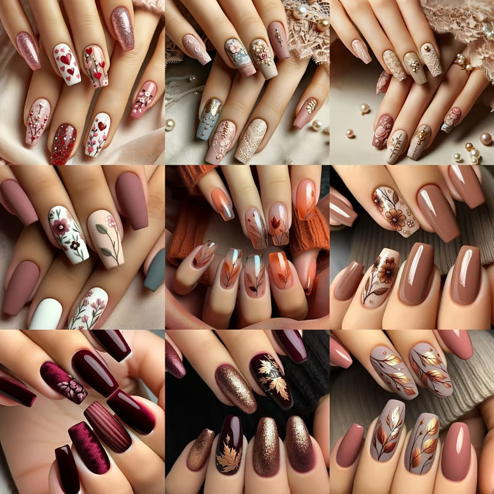 Press On Nails 216-Piece Middle Ballet Nine-Pack Mixed Flower Maple Glossy Set with Jelly Adhesive and File — image 2