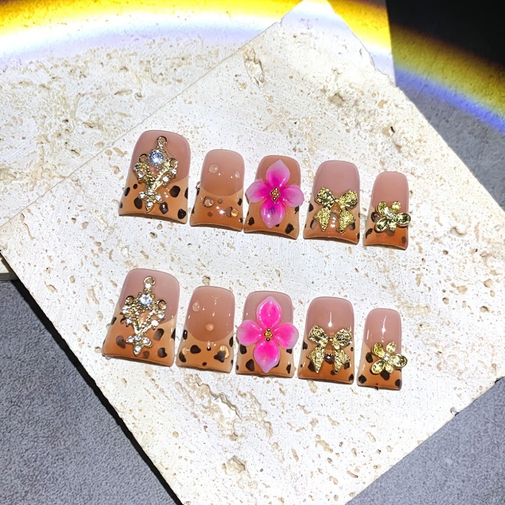Press On Nails 10-Piece Medium Duckbill Set with Brown-Pink Gradient, 5D Flowers and Included Gel Tabs — image 2
