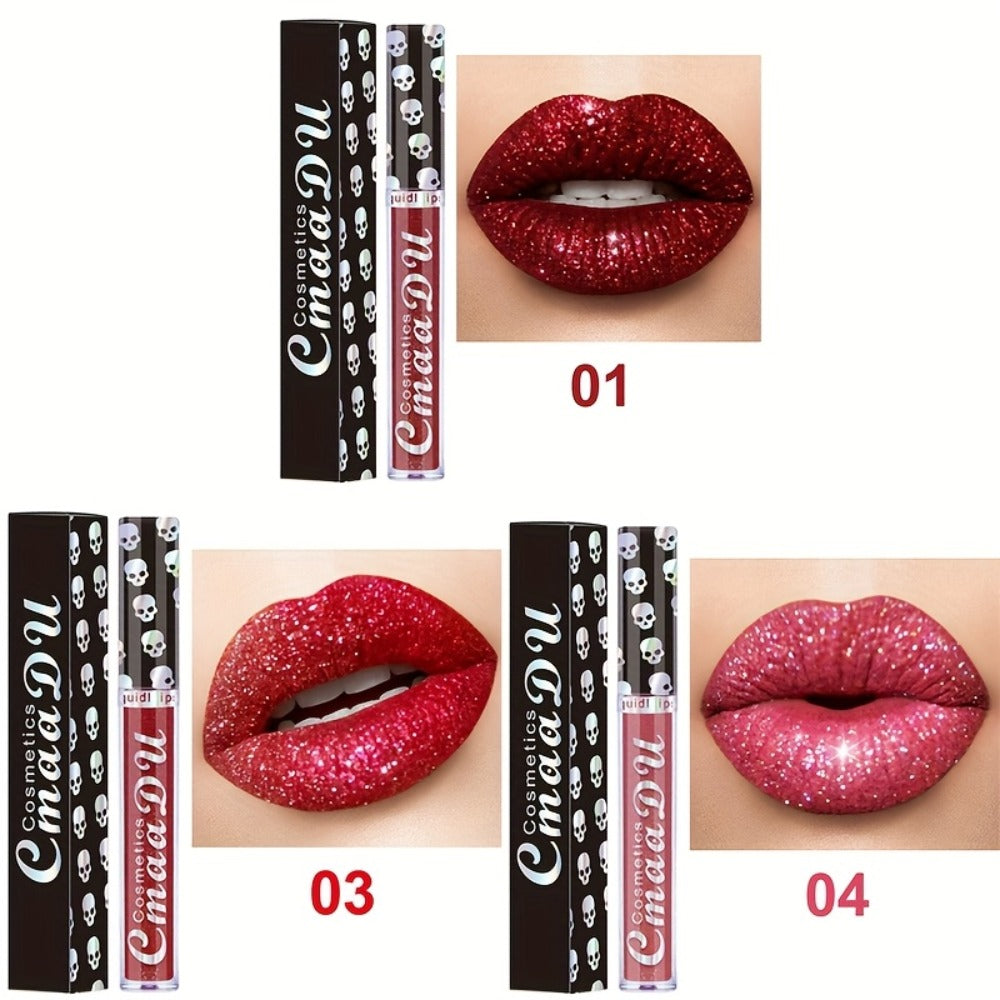 Glitter Lip Gloss Set 3pcs Skull Design Shimmer Liquid Lipstick Long Lasting Easy Remove Bold Shiny Lip Color for Music Festi