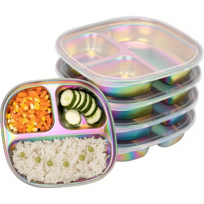 Divided Plates Stainless Steel Set of 4 with Lids – Kids Adults Portion Control Trays, for Home Cooking, Dining and Outdoor M