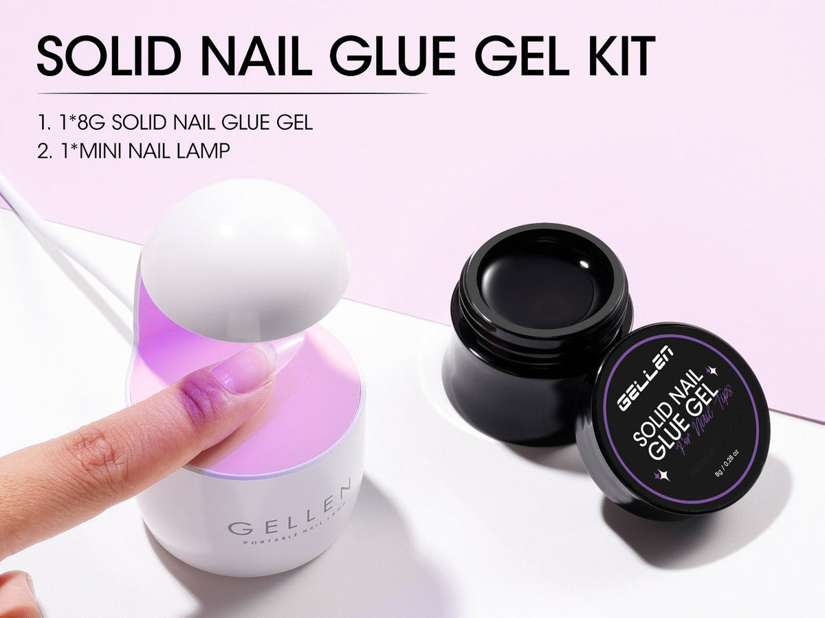 Solid Gel Nail Glue Kit with Mini LED Lamp – 8g UV Cure Gel Glue 28+ Days Long-Lasting Bond for Press On Nails Acrylic Tips R