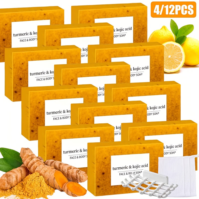 Turmeric and Kojic Acid Bar Soap, 12-Pack of 100g Bars with Lemon and Honey Labels plus Bubble Net — image 11
