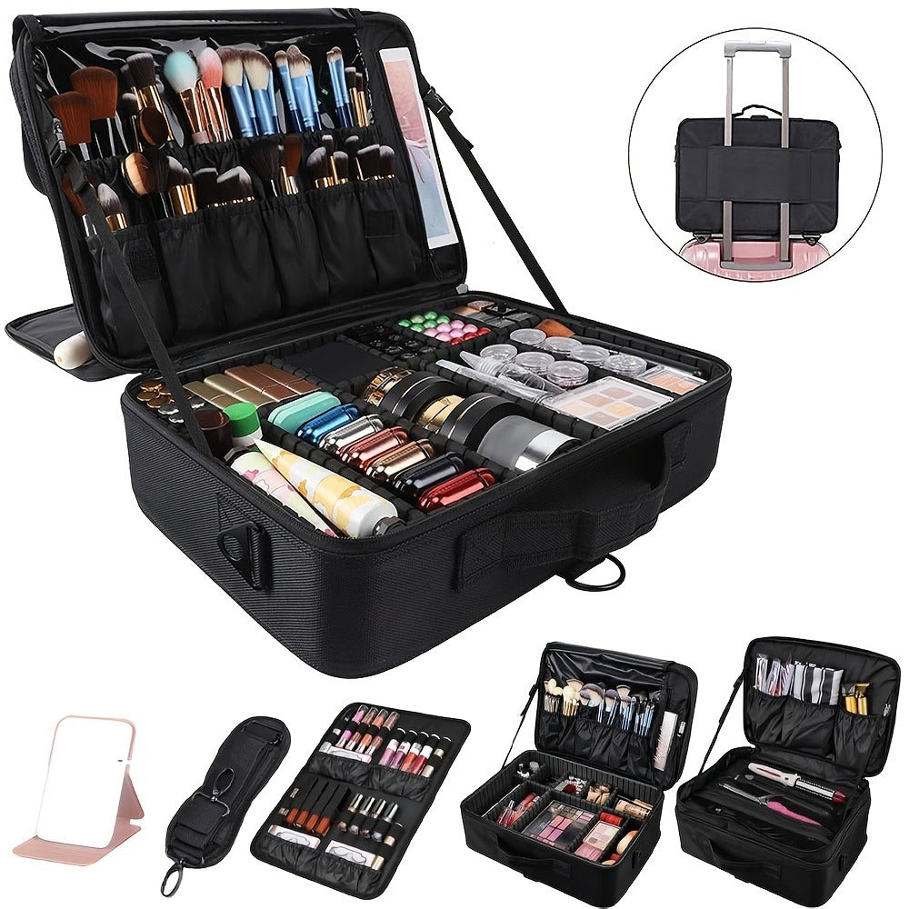 Black 15.8-Inch Soft Makeup Train Case with Three-Layer Interior, Brush Panel and Shoulder Strap — image 5