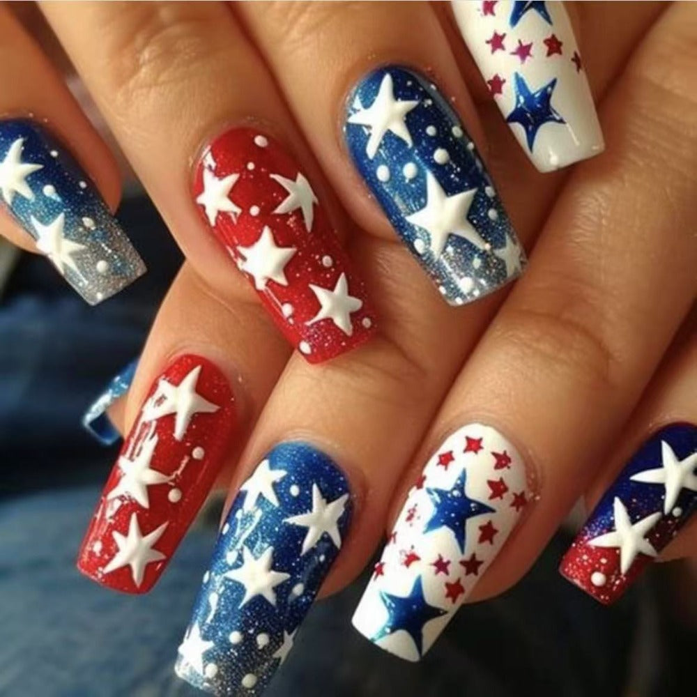 Press On Nails 216-Piece Medium Coffin Nine-Pack Red White Blue Stars and Stripes Patriotic Set — image 9
