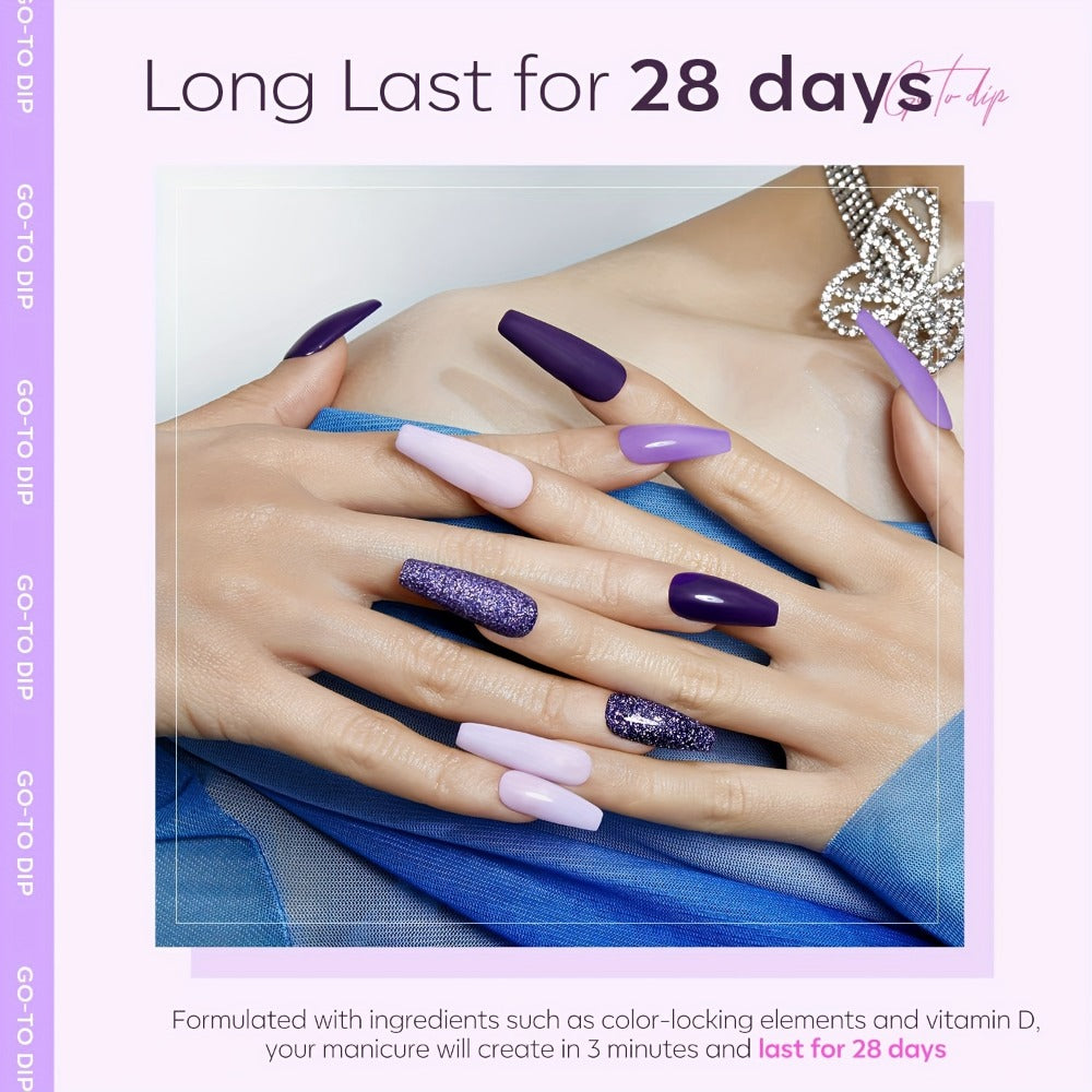 Dip Powder Nail Kit with NOCIS Label, Four Lilac Lavender Purple Glitter Powders, Three 10ml Liquids and Tools — image 9