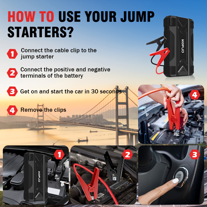 Car Jump Starter Power Bank 3-in-1 12V Battery Booster Charger LED Flashlight SOS for Cars Motorcycles for Garden, Patio and 