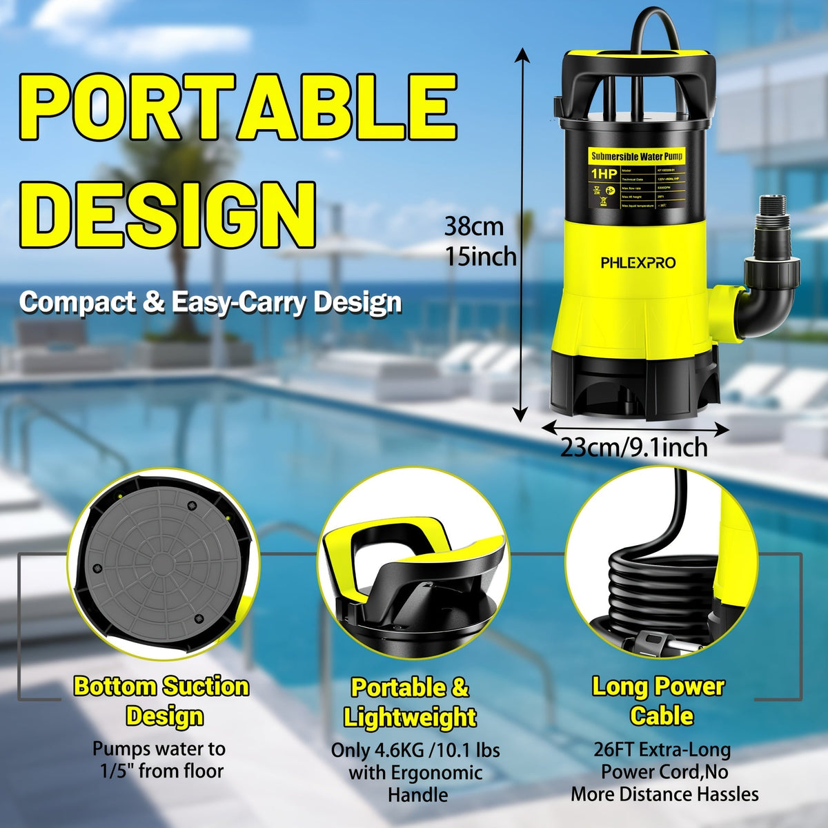 Submersible Sump Pump 1HP 5300GPH 750W with Float Switch 26ft Cord for Pool Pond Basement Garden — image 5