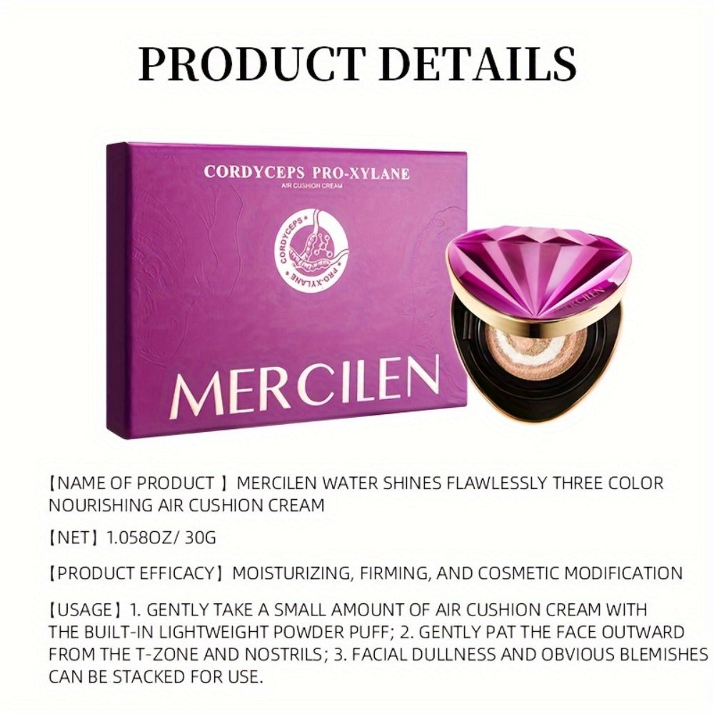Air Cushion BB Cream Foundation Moisturizing Medium Coverage Dewy Finish with Plant Squalane Glycerin Tri-Color Adaptive Blen