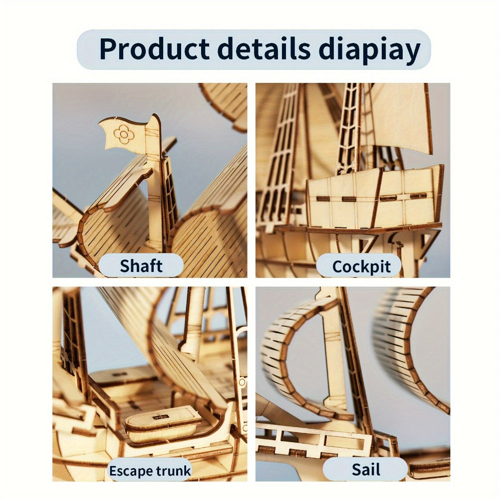 Wooden Sailing Ship Model Kit with 57 Pieces, 20 cm Length and Ocean Design for Ages 14 Plus — image 4