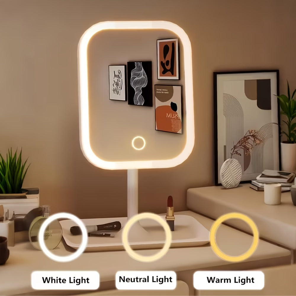LED Makeup Mirror with Lights Rechargeable, Foldable Lighted Vanity Mirror 3 Color Modes Touch Dimming Portable Stand — image