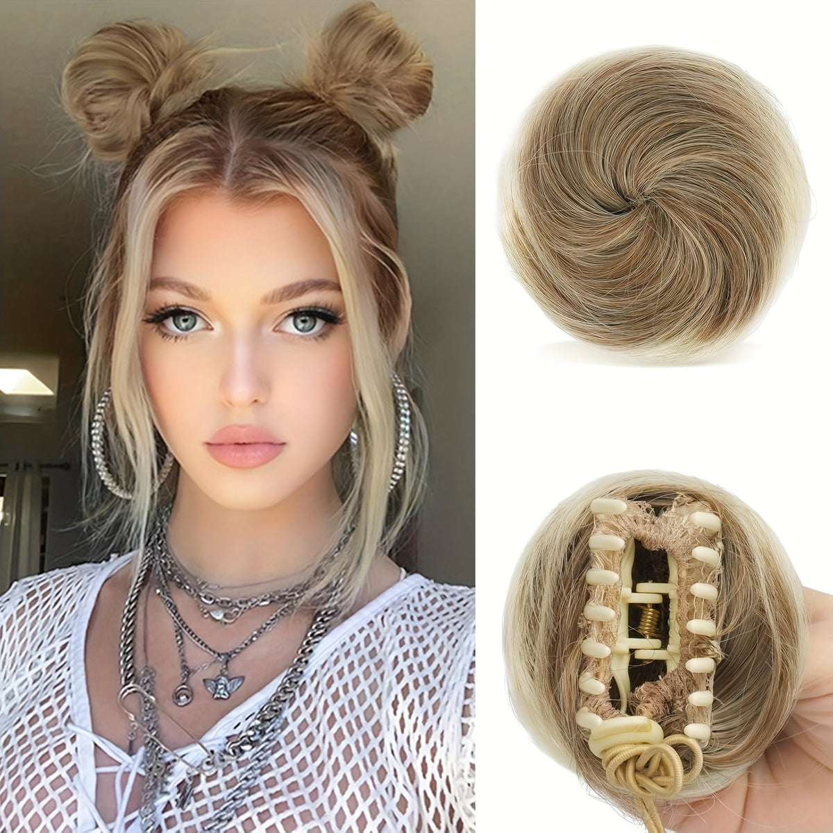 Mini Donut Bun Hairpiece with Cat Ears Claw Clip Messy Bun Synthetic Fiber Instant Updo – 2 Pcs Set for Women Girls All Hair 