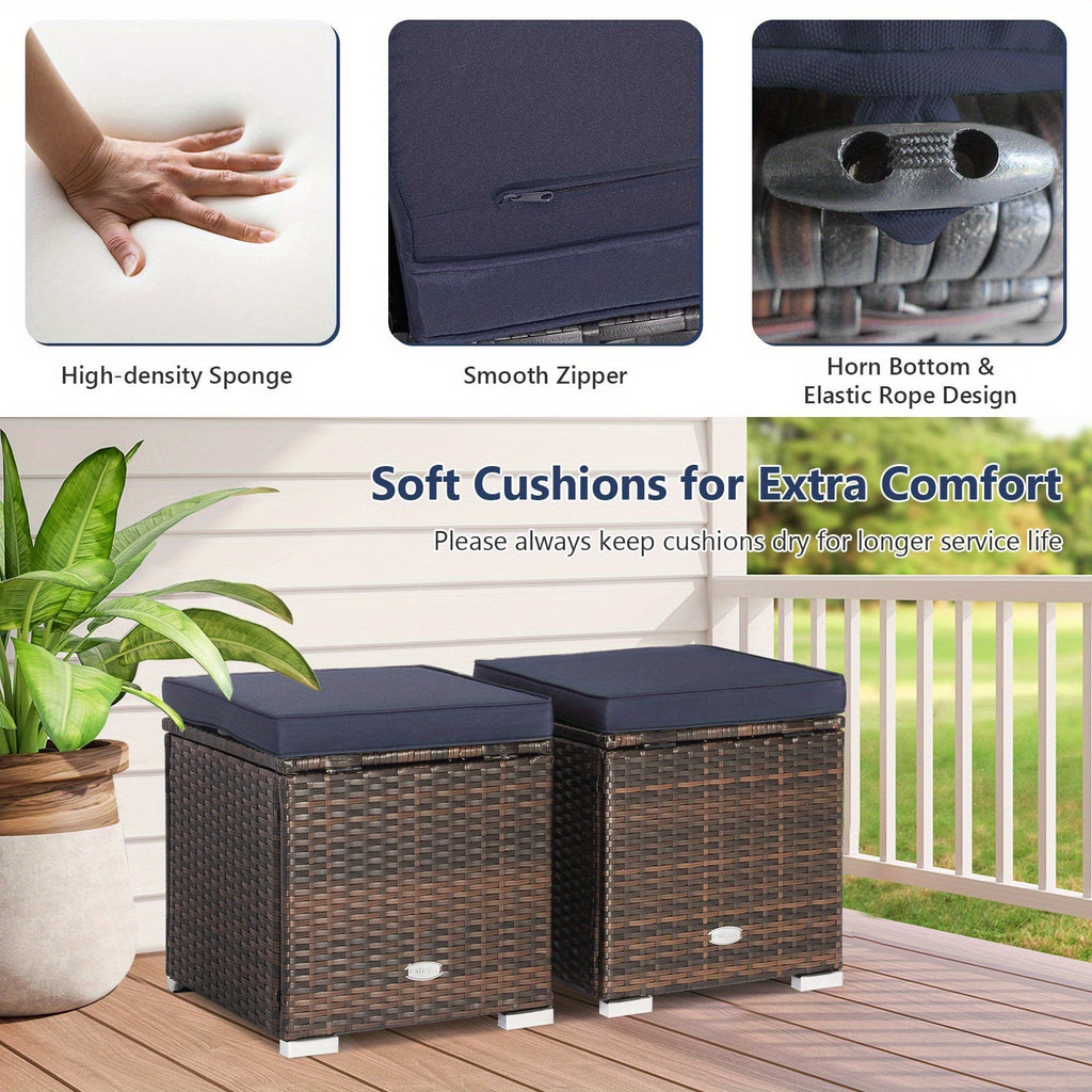 Outdoor Wicker Ottoman Set of 2 with Hidden Storage – PE Wicker Footstools with Detachable Cushions, Side Table & Extra Seati
