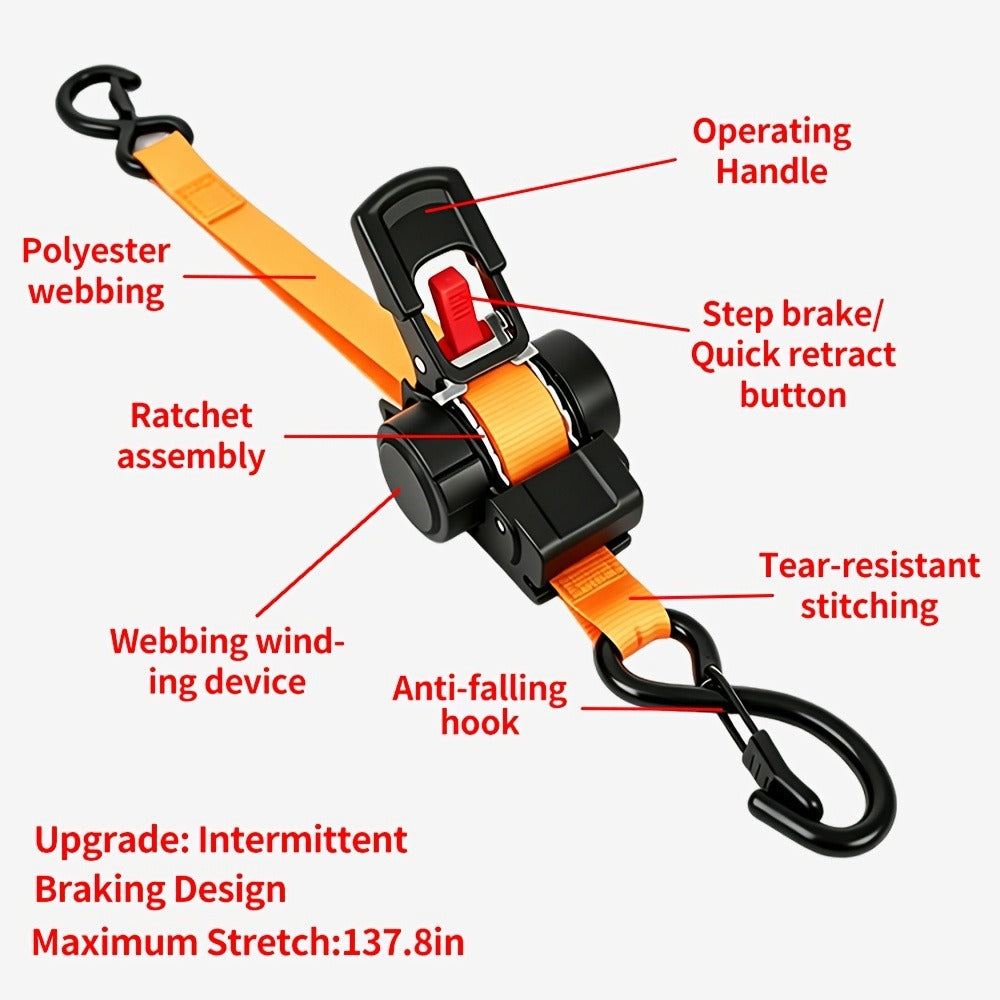 Ratchet Tie-Down Straps with Auto-Retract & Speed Control – Heavy-Duty Cargo Securing Kit with Hooks & Storage Bag | Motorcyc