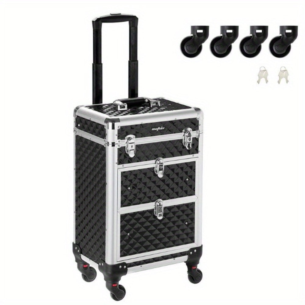 Black Rolling Makeup Train Case with Four Wheels, Telescoping Handle, Three Top Trays and Two Drawers — image 8