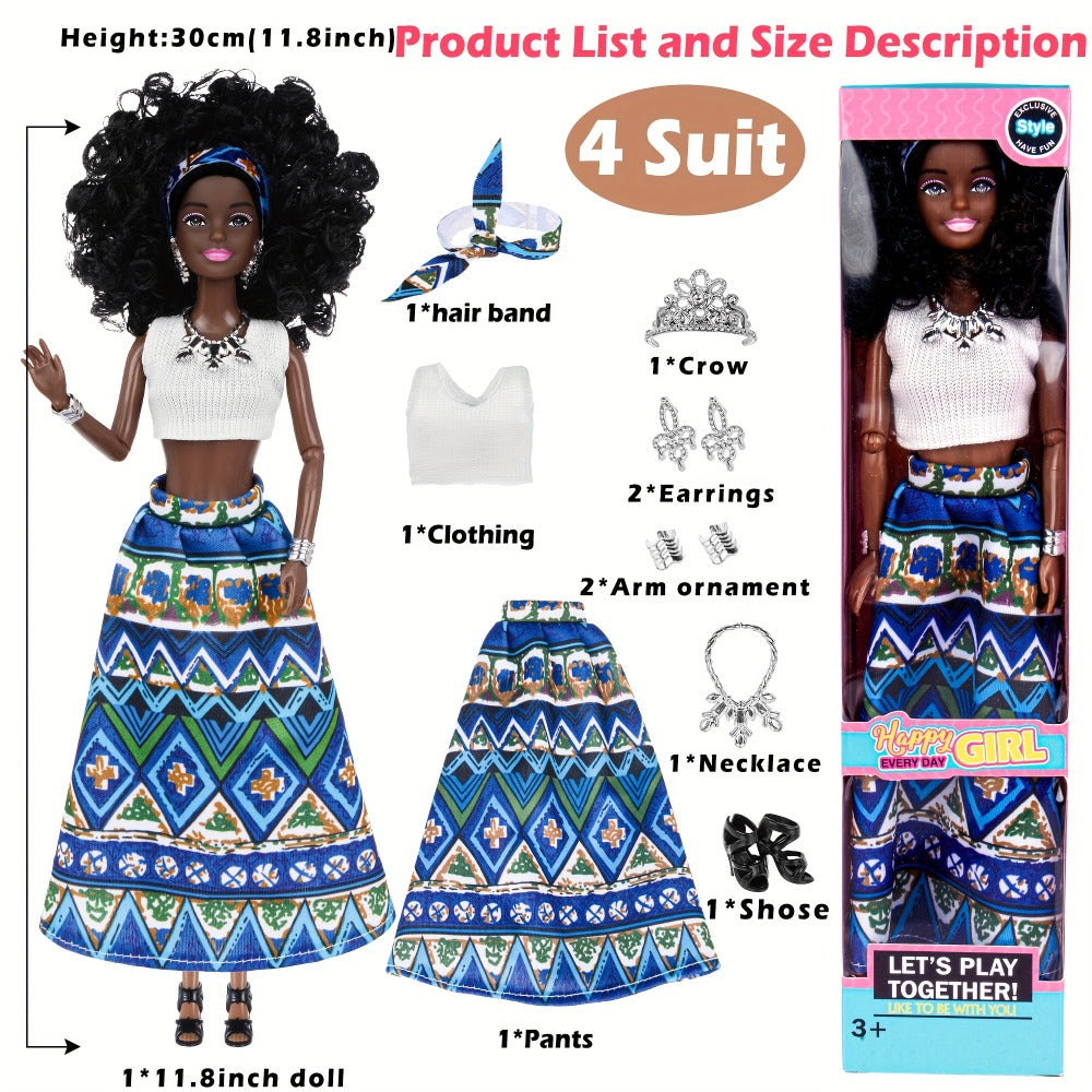 Six-Piece 11.5-Inch Fashion Doll Set with Curly-Hair Styles, Bohemian Outfits, Headbands and Jewelry — image 6