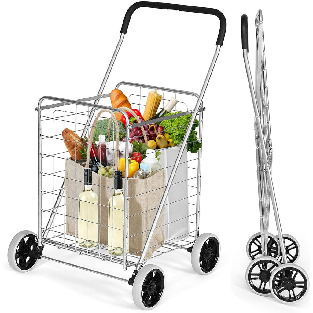 Rolling Shopping Cart Metal Basket, Foldable Grocery Utility Cart with Foam Handle Large Wheels 22 Gal for Supermarket Laundr