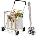 Rolling Shopping Cart Metal Basket, Foldable Grocery Utility Cart with Foam Handle Large Wheels 22 Gal for Supermarket Laundr