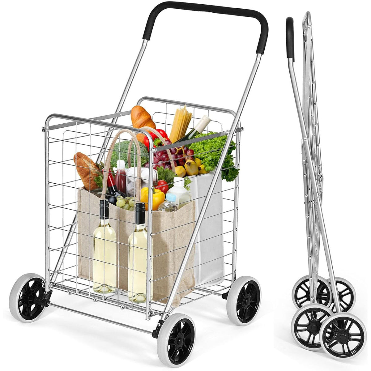 Rolling Shopping Cart Metal Basket, Foldable Grocery Utility Cart with Foam Handle Large Wheels 22 Gal for Supermarket Laundr