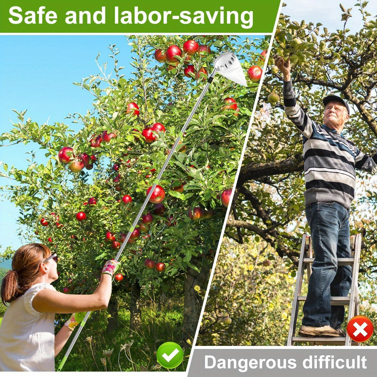 Stainless Steel Fruit Picker with Adjustable 63 to 157 Inch Extension Pole and Non-Slip Handle for Orchard Harvesting — image