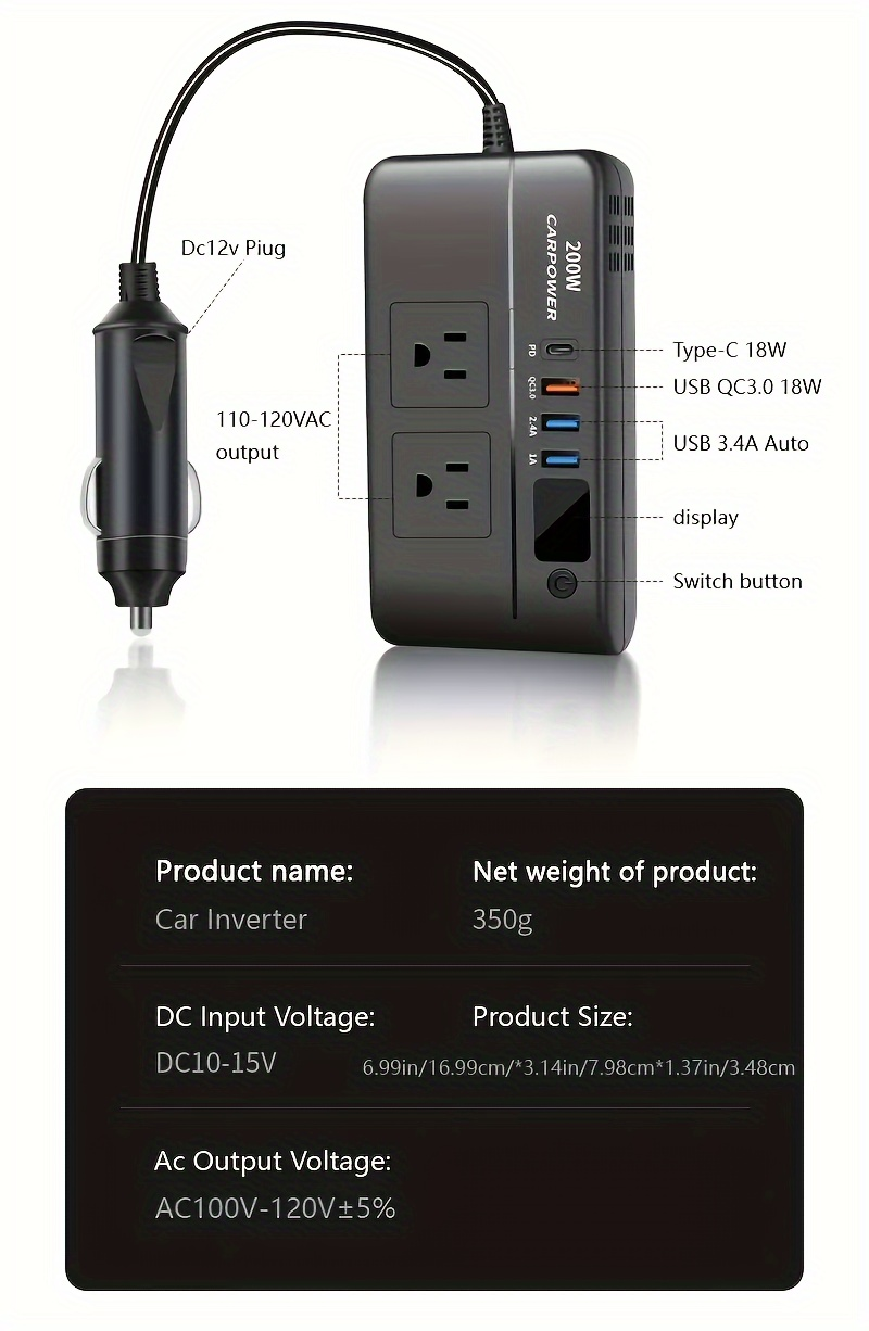 200W Car Power Inverter DC 12V to AC 110V with USB-C PD 20W & QC3.0 Fast Charging for Garden, Patio and Yard Use — image 12