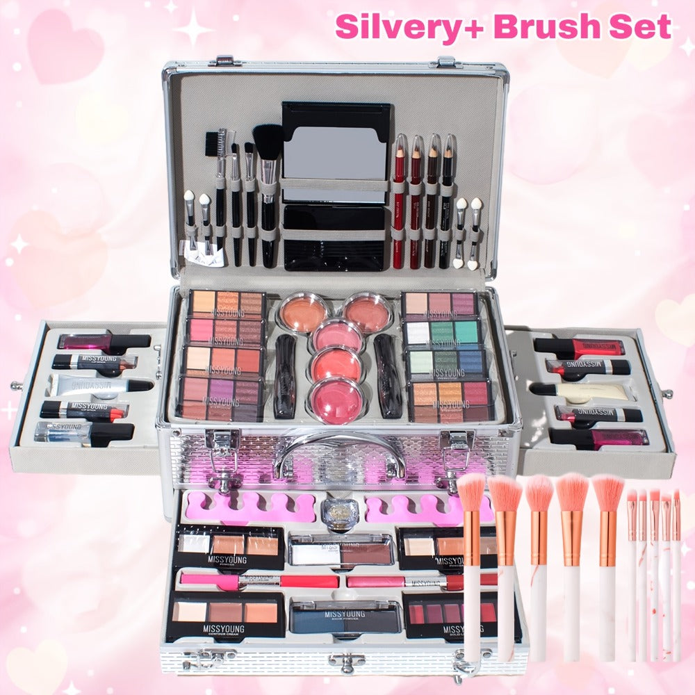 106-Piece Makeup Case Set with Red or Silver Carry Case, Fold-Out Color Palettes, Lip Products and Ten Makeup Brushes — image