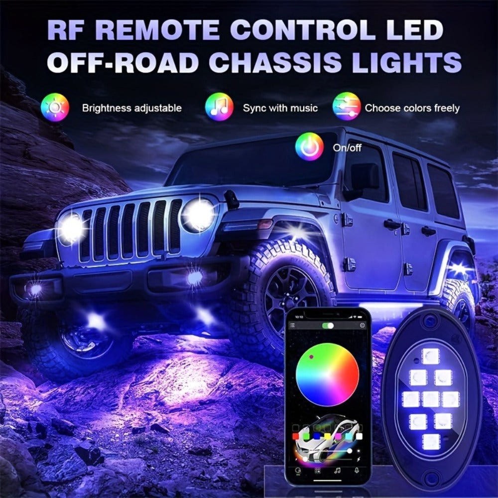 RGB LED Rock Lights Kit for Trucks & Off-Road – App & Remote Control, Music Mode, Underglow Neon Lights for SUV, ATV, UTV — i