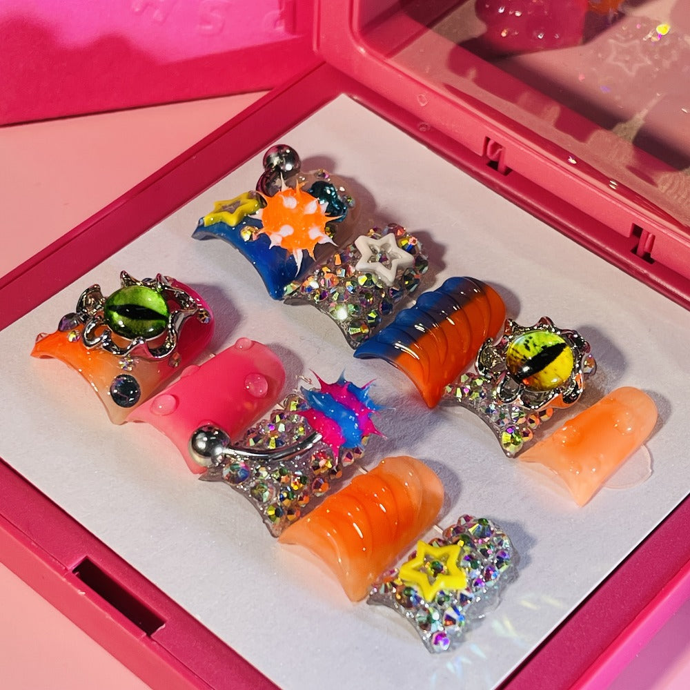 Press On Nails Handmade Y2K Duckbill Set with 3D Eye Barbell Star Rhinestone Charms and S M L Sizes — image 2