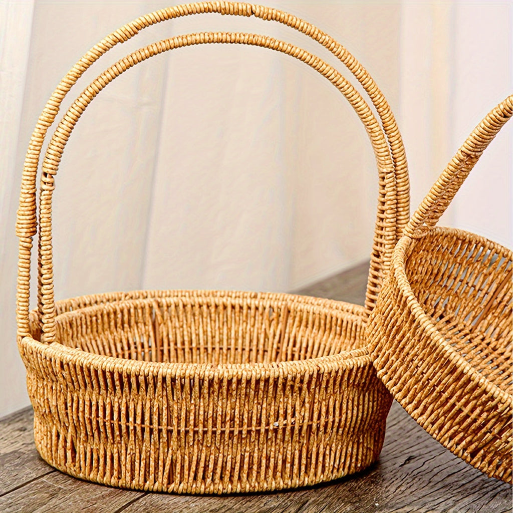 Rattan-Look Plastic Woven Carry Basket with Tall Handle in Small, Medium and Large Size Options — image 1