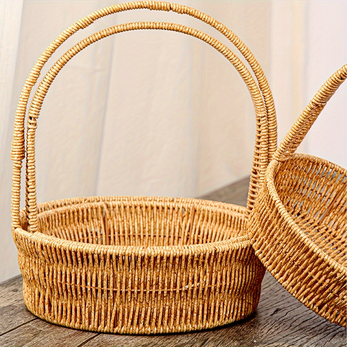 Rattan-Look Plastic Woven Carry Basket with Tall Handle in Small, Medium and Large Size Options — image 1