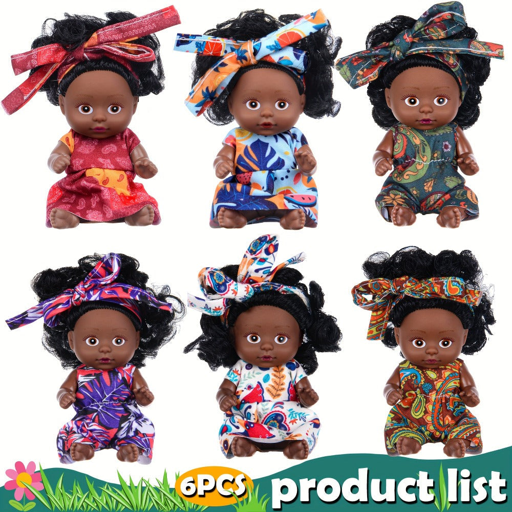 Mini Baby Doll Six-Piece Set with Dark Skin Tones, 4.53-Inch Dolls, Curly Hair and Patterned Outfits — image 4