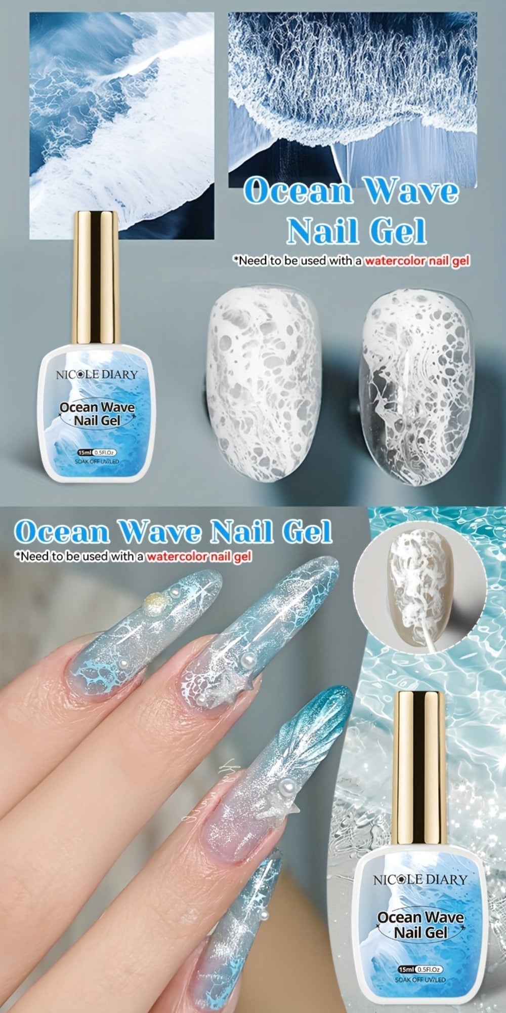 Gel Nail Polish NICOLE DIARY 2-Piece Watercolor and Ocean-Wave Set with Two 15ml Bottles for DIY Art — image 12
