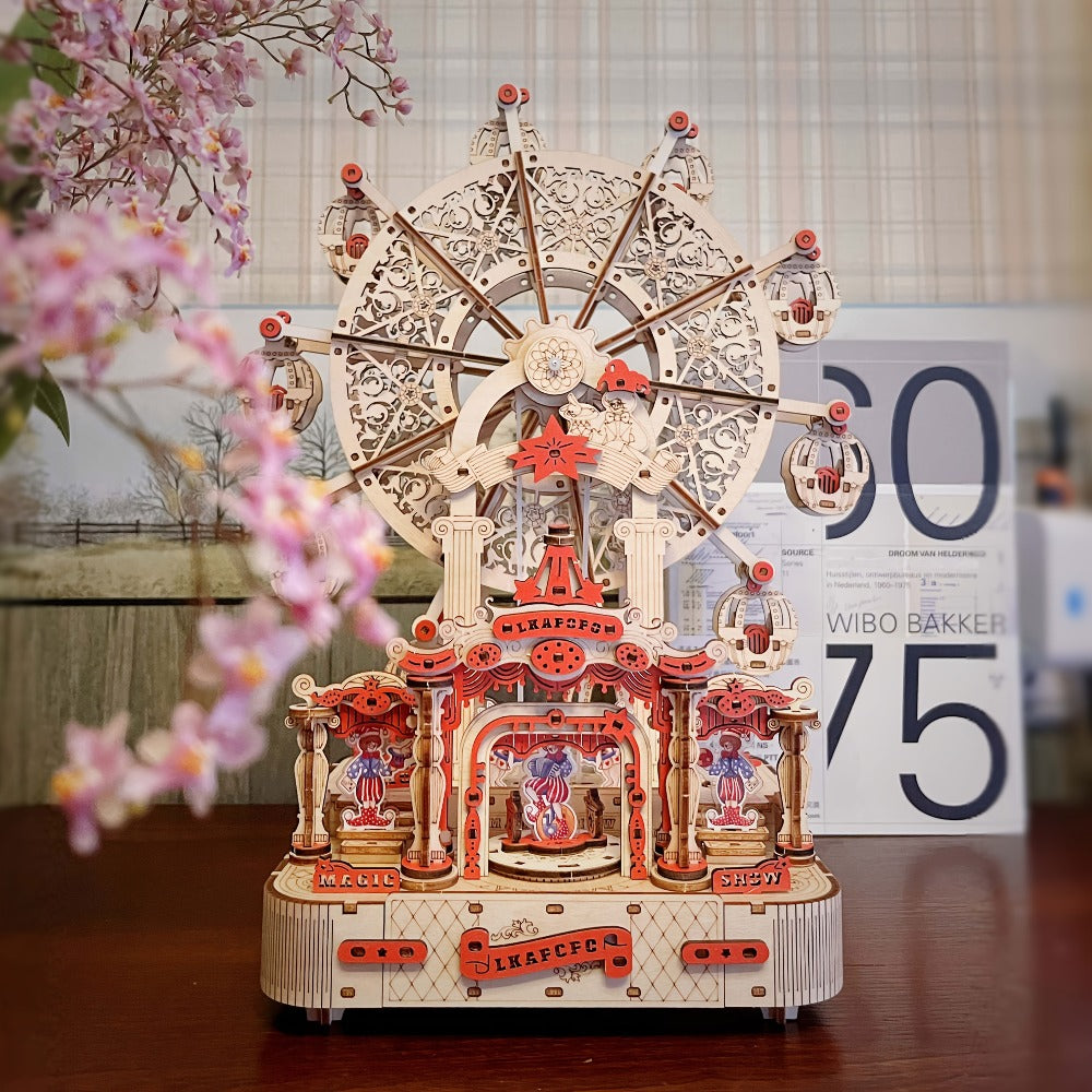 DIY Wooden Ferris Wheel Music Box Kit, 3D Mechanical Spinning Puzzle Model with the Listed Color, Size or Set Options for Eve
