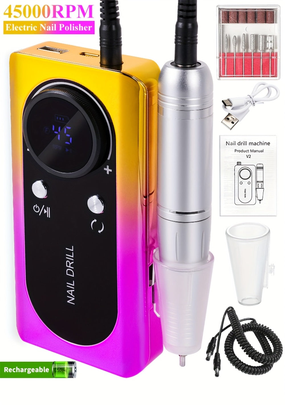 Electric Nail Drill 45000 RPM Rechargeable Kit with LCD Display and White or Golden Color Options — image 9