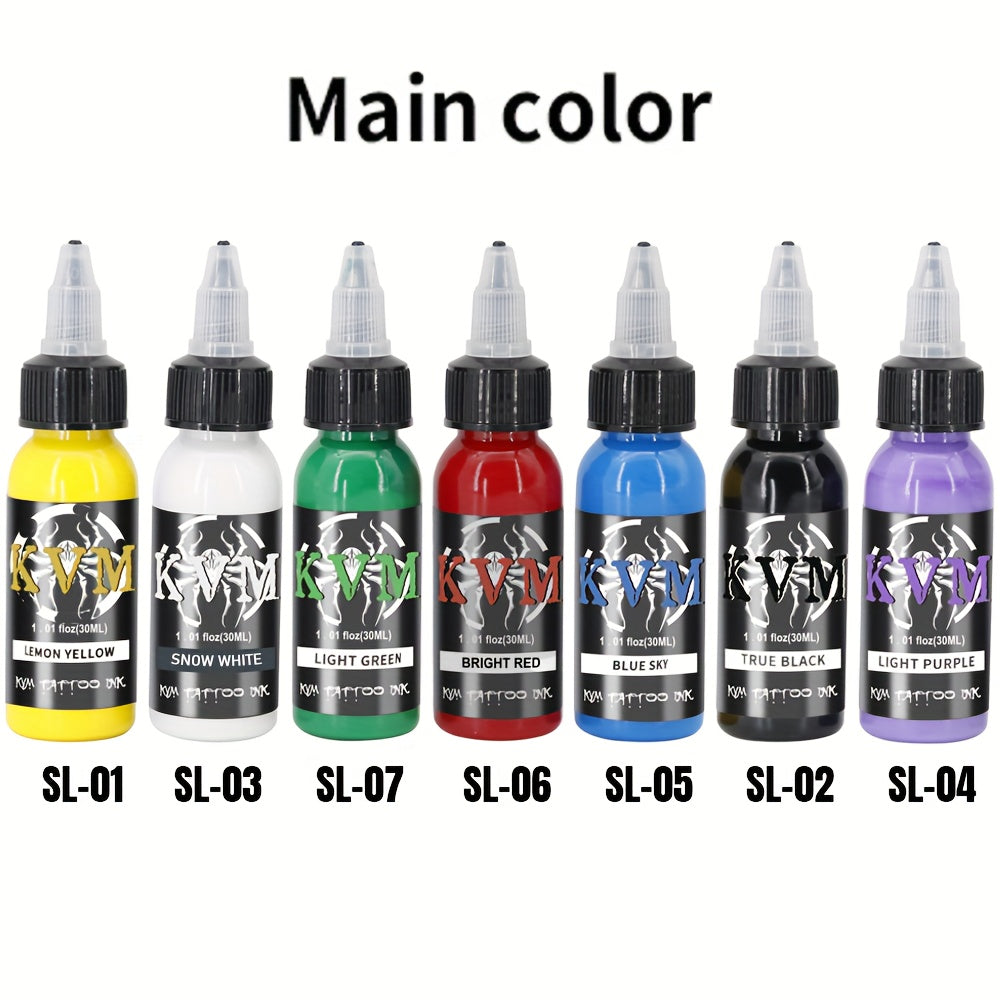 Tattoo Ink 7- or 14-Color Set with 1oz 30ml Bottles and Three Palette Configurations with Item-Specific Color, Capacity and B