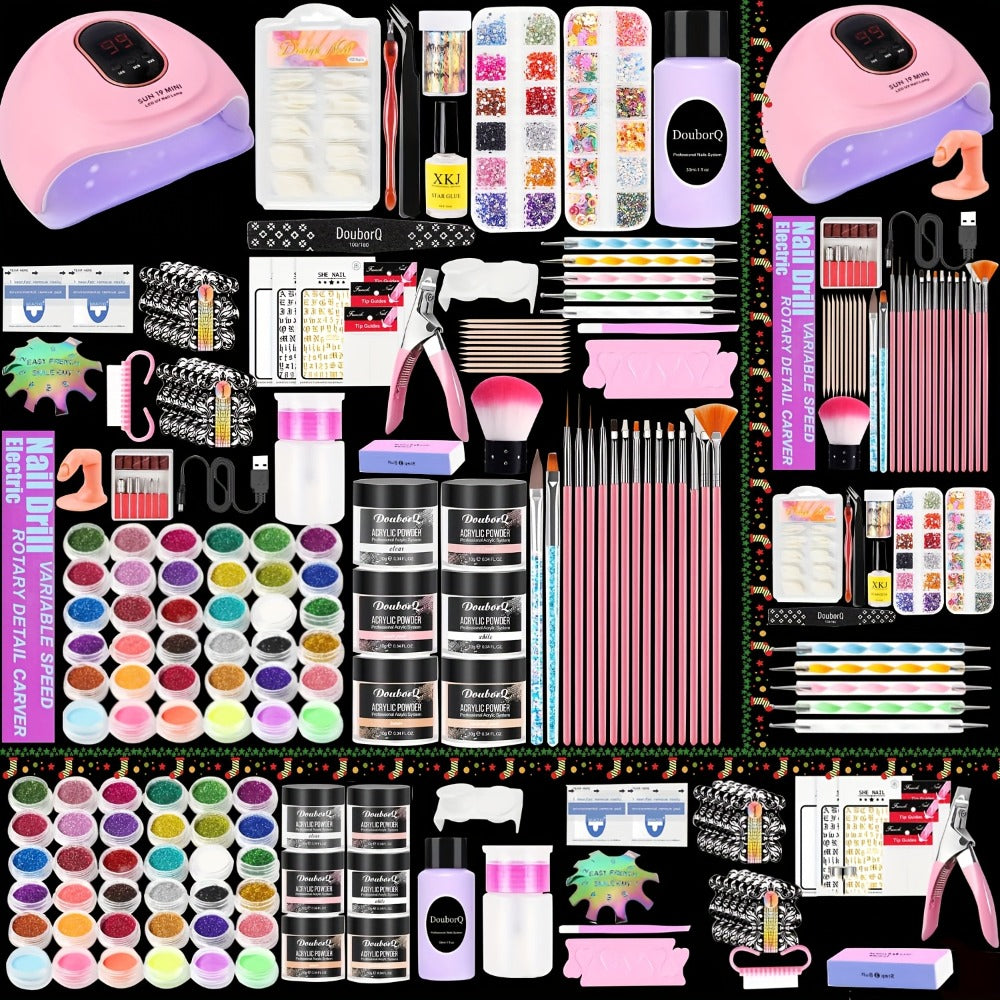 Acrylic Nail Kit with 36W UV LED Lamp, Electric Drill, Three Powders, Glitter Colors, Tips and Manicure Tools — image 1