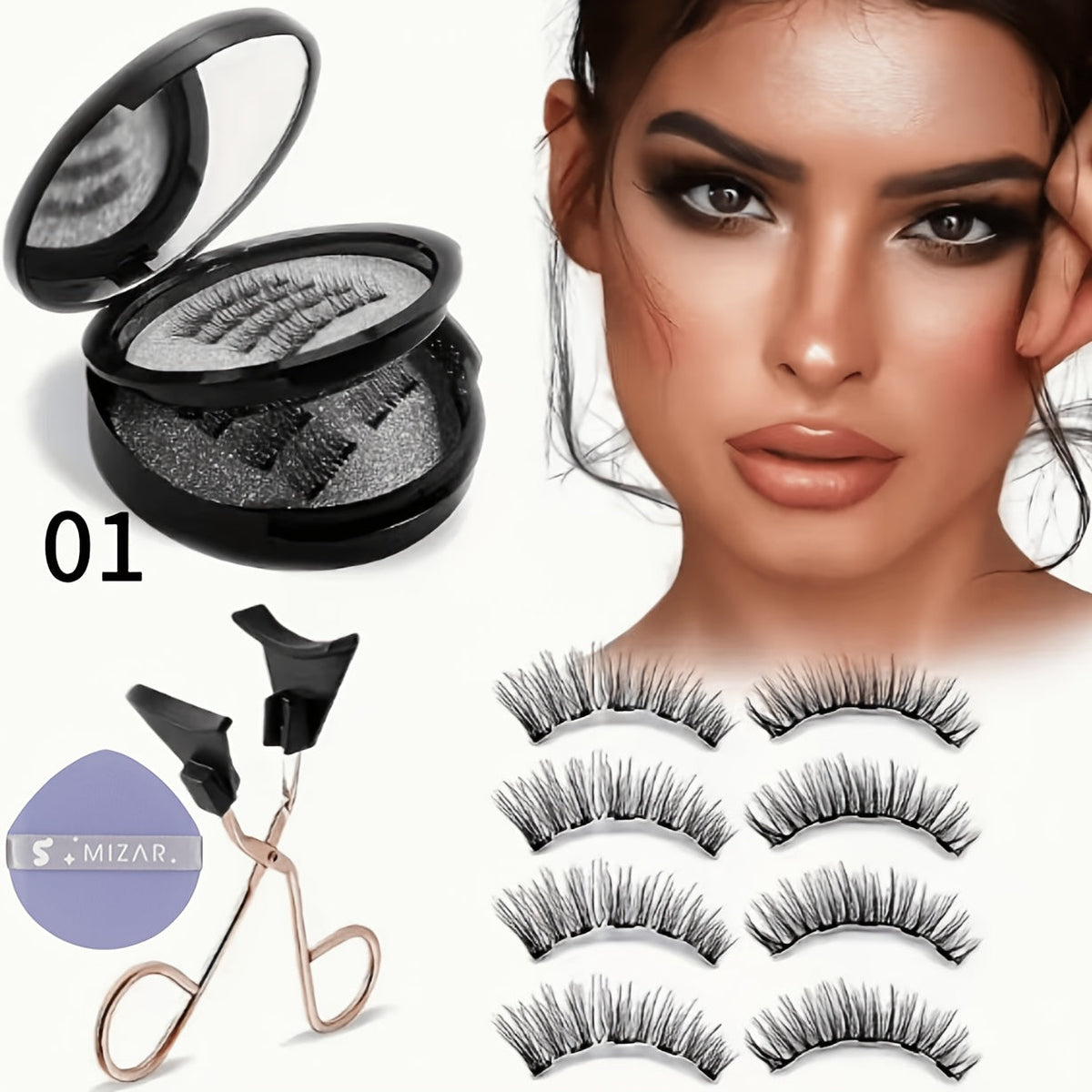Magnetic False Eyelashes Kit with Eight Pairs, Round Storage Case and Metal Applicator Clip — image 1