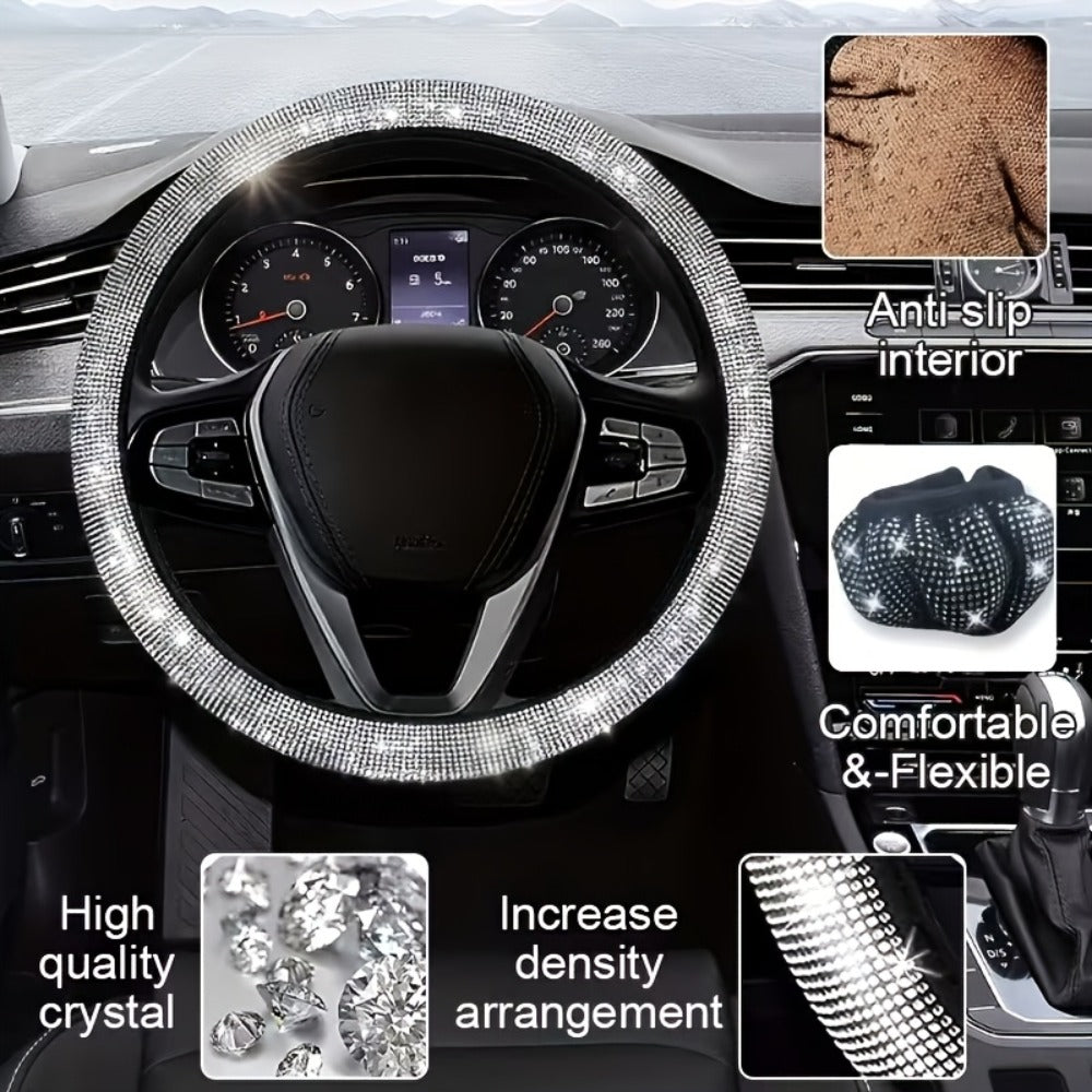 27pcs Bling Car Accessories Set for Women – Steering Wheel Cover 15", Car Coasters, License Plate Frame & Phone Holder — imag