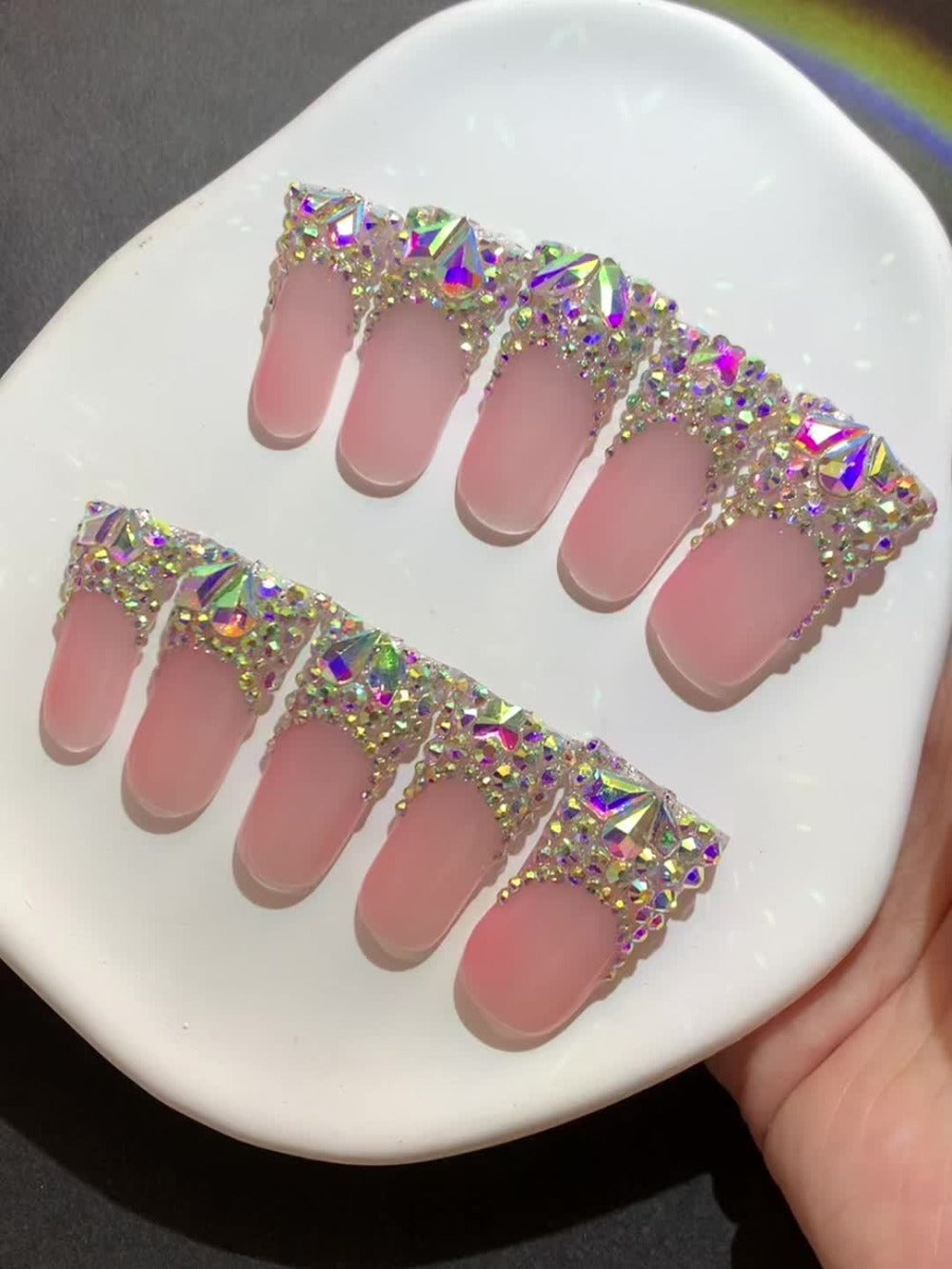 Press On Nails 10-Piece Long Duckbill Set with Nude French Tips, AB Diamond Finish and Nail Tools — image 9