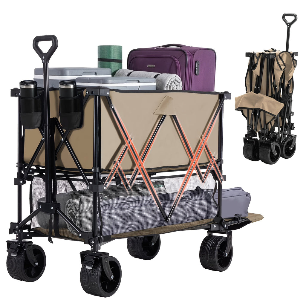 Folding Wagon Cart Double Decker 400L Collapsible Outdoor Utility Cart 54in Extended Shelf Wheels — image 4