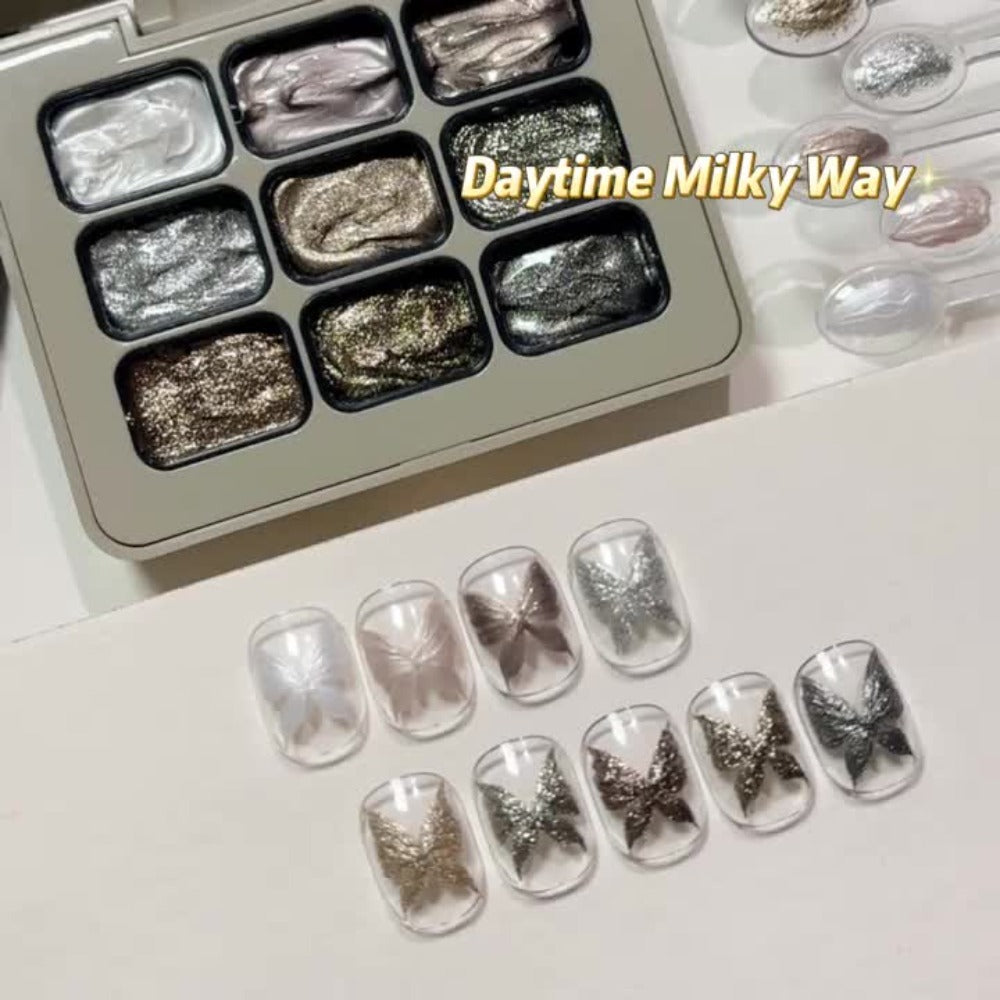 Shimmer Nail Art Gel Nine-Color Grid Palette with Metallic Neutral or Milky Way Color Selection — image 10