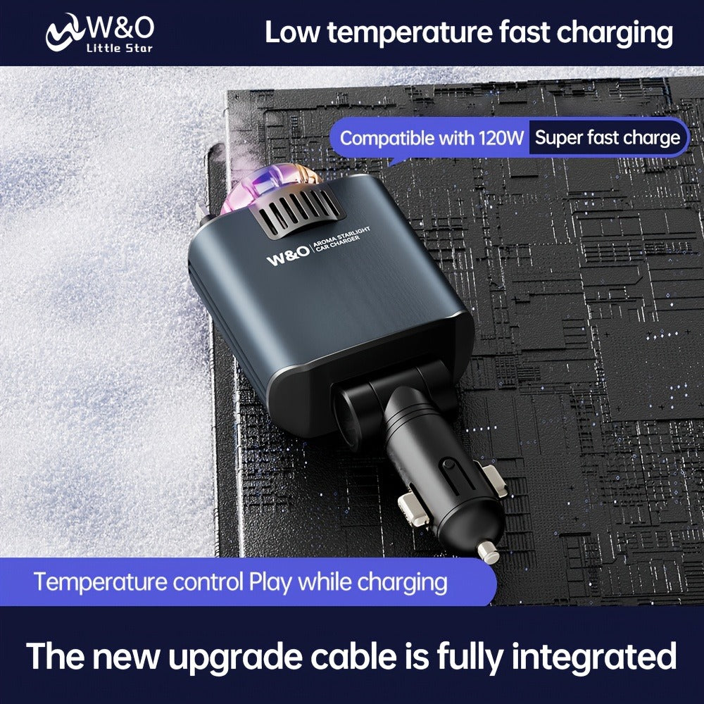3-in-1 Car Charger, Air Freshener & Starry Sky Ceiling Light – Retractable Type-C & Lightning Cable, Aromatherapy Perfume — i