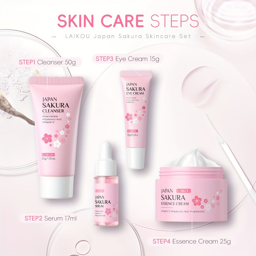 4-Piece Sakura Skincare Gift Set with Cleanser, Serum, Essence Cream and Eye Cream in Coordinated Pink Packaging — image 4