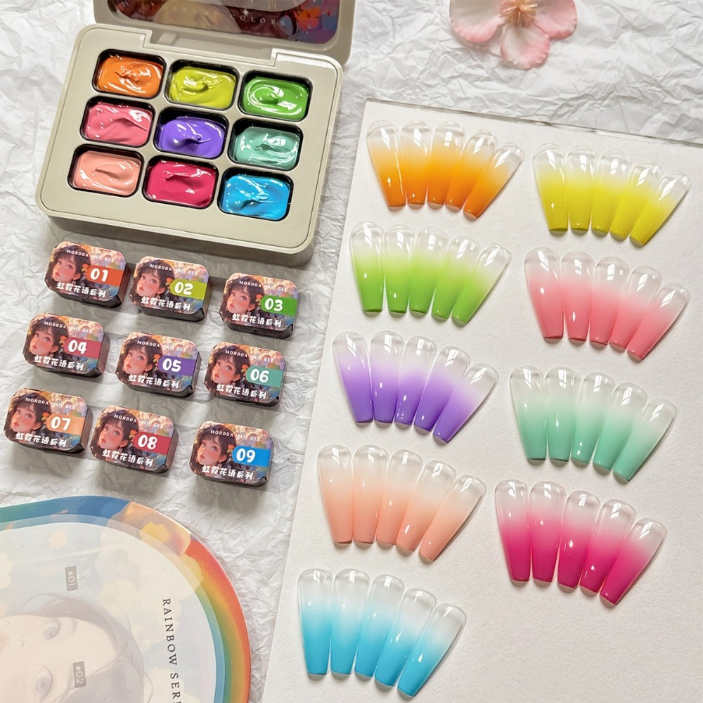Gel Nail Polish MORDDA Nine-Color Rainbow Grid Set for Gradient and Ombre Manicure Art in One Compact Case — image 1