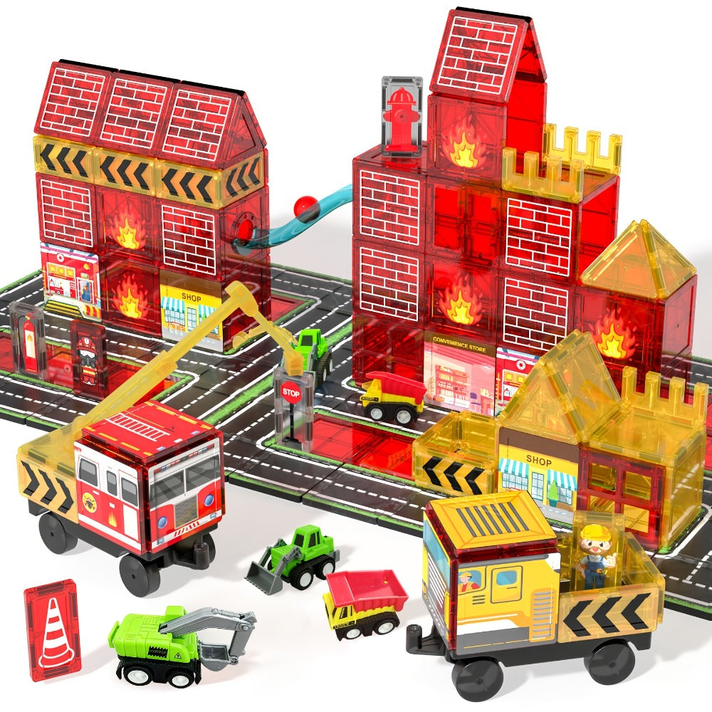 Magnetic Tiles 56-Piece Fire Station Building Set with Road Panels, Crane, Ramps and Vehicle Pieces — image 7