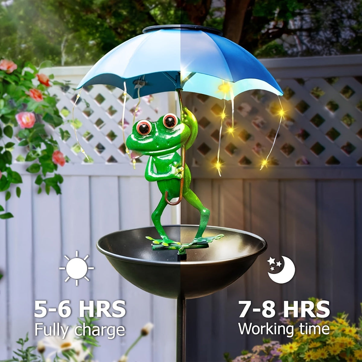 Solar Frog Statue Garden Light with Bird Feeder & LED String Decor, for Garden, Pathway and Patio Lighting — image 9