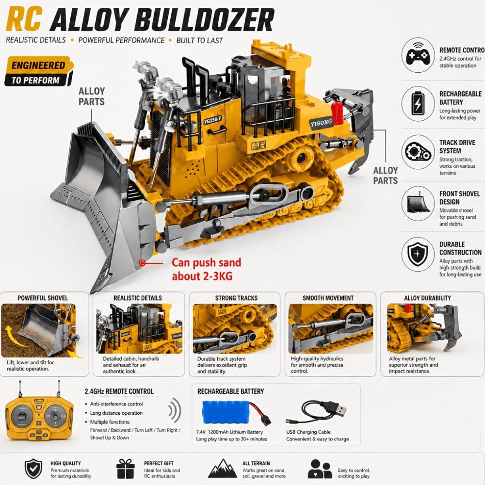 RC Bulldozer 9-Channel 2.4GHz Remote Control, Multifunctional Engineering Vehicle Toy with Alloy Metal Cover — image 10
