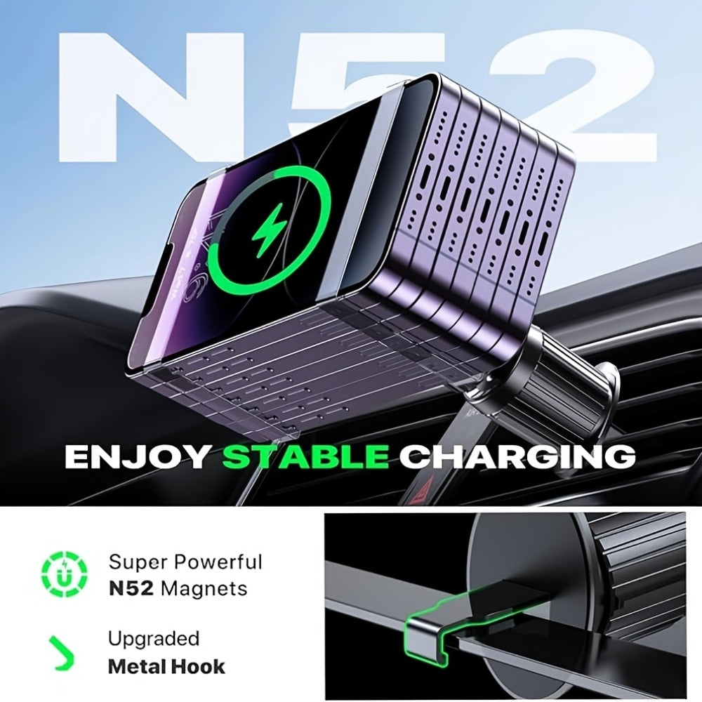 15W Magnetic Wireless Car Charger – Air Vent Mount with N52 Strong Magnet, Fast Charging for iPhone 17 Pro Max / 16 / 15 / 14